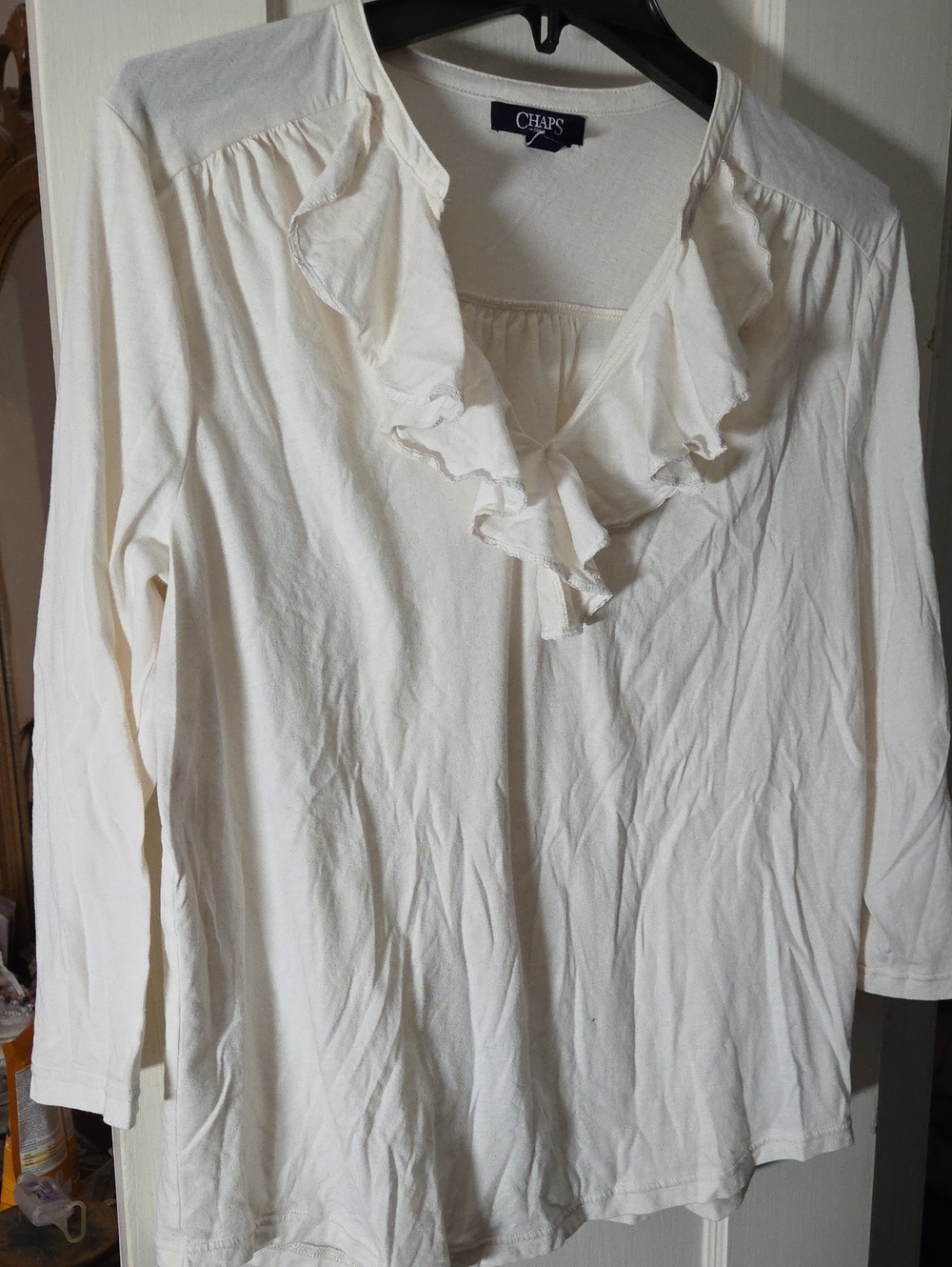 Chaps Cream Ruffle V-Neck Long Sleeve Top
